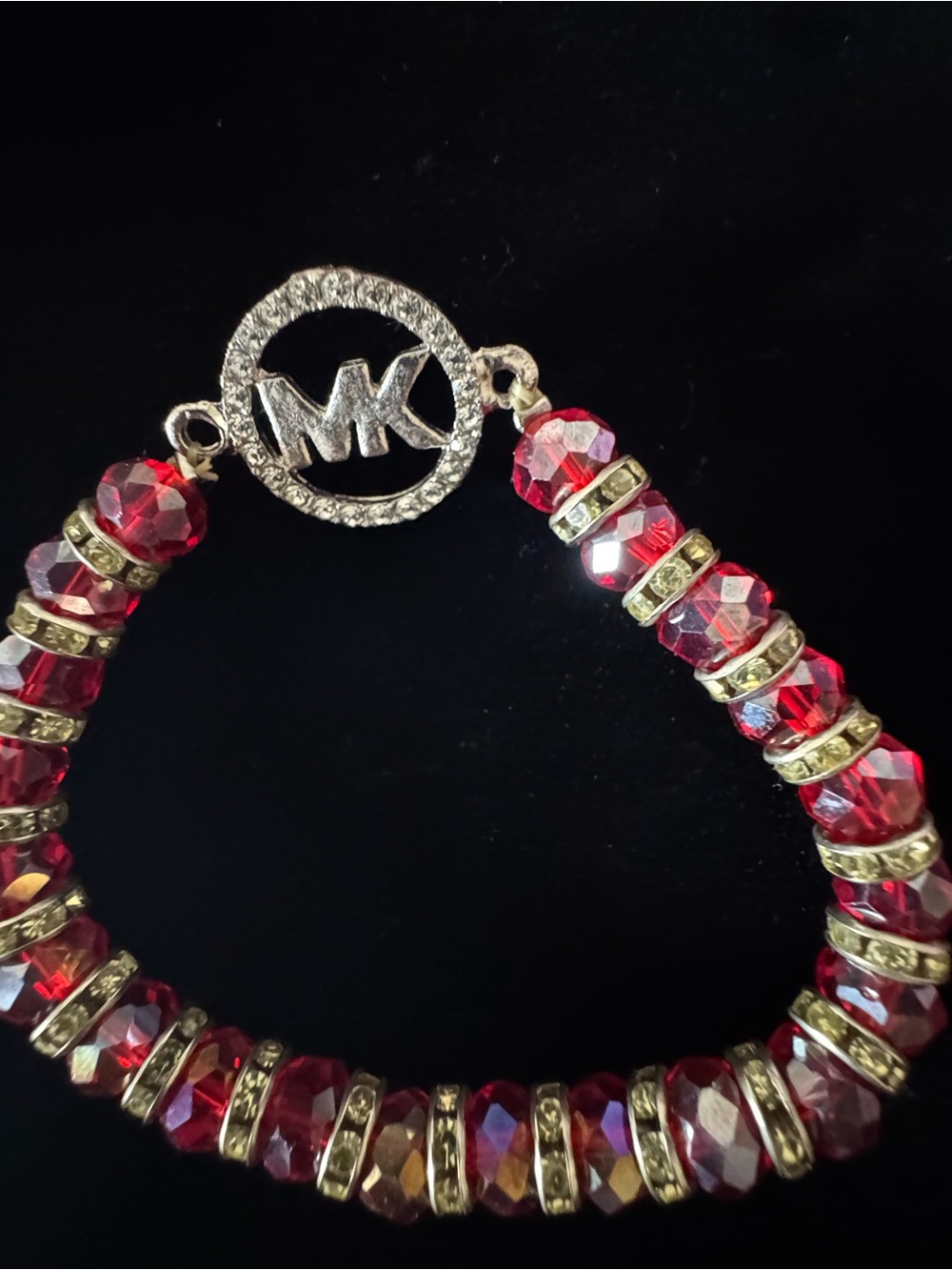 Michael Kors Gold-Tone and Red Rhinestone and Crystal MK Charm Stretch Bracelet